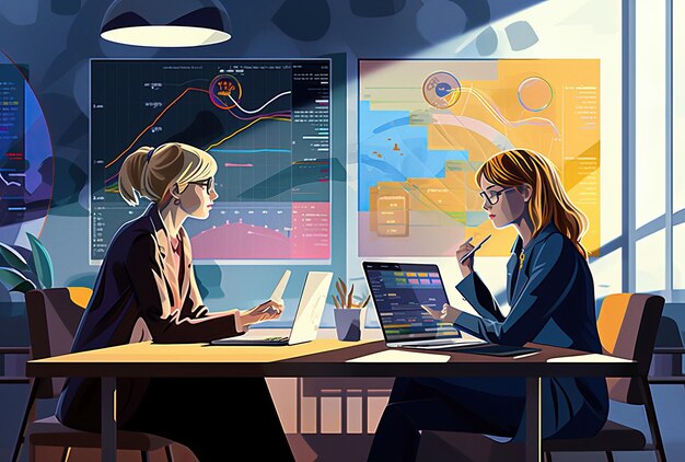 Mujeres de oficina reunidas con computadoras portátiles y gráficos