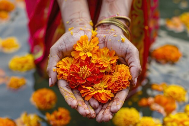 Las mujeres poseen flores de caléndula.