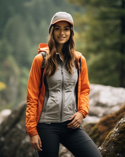 Foto mujeres que llevan una chaqueta de senderismo ligera funcional elegante