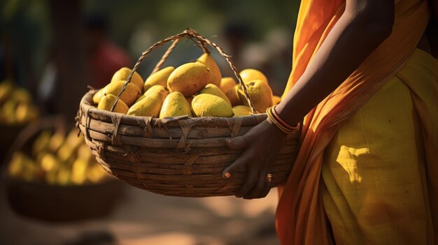 mujeres que llevan un mango tiro de cerca foco aldea