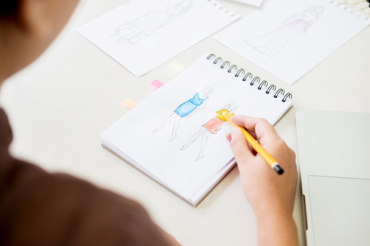 Foto mujeres que trabajan como diseñador de moda que dibuja bosquejos para la ropa en papel del taller en el estudio del lugar de trabajo.