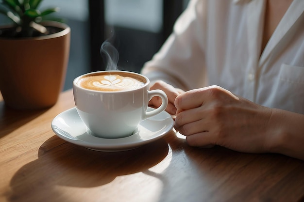 Las mujeres que trabajan están bebiendo café caliente de una taza blanca