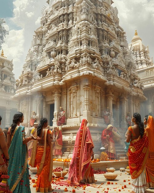 Foto mujeres realizando el ritual de aarti de la luz en el fondo del frente