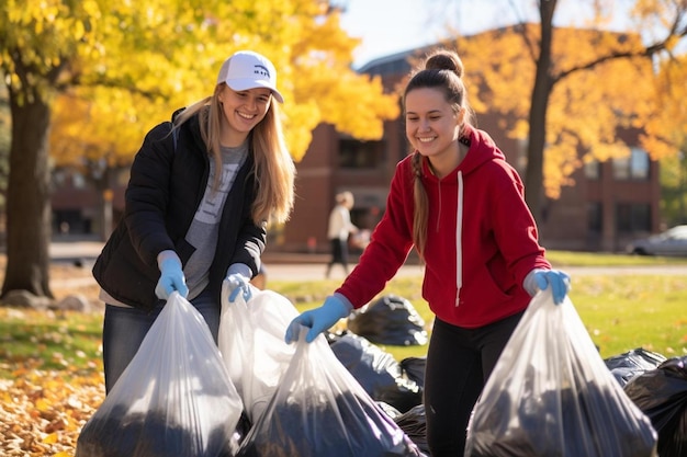 Foto las mujeres recogen la basura de un parque