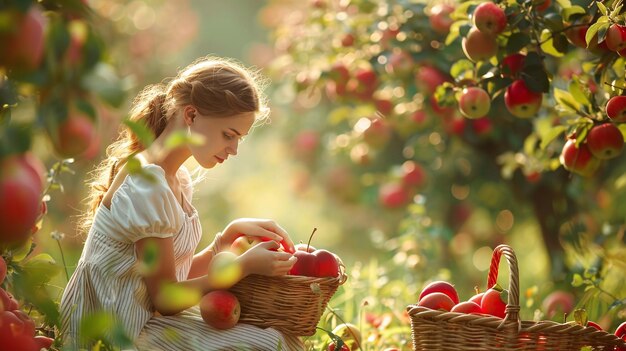 Mujeres recogiendo manzanas en cestas para la cosecha de frutas frescas en el campo