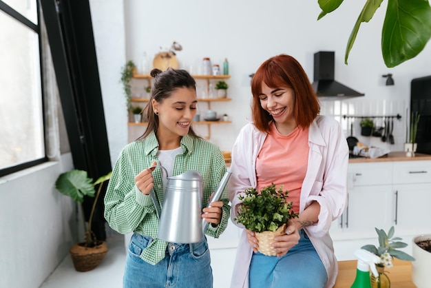 Mujeres con una regadera y una planta de interior.