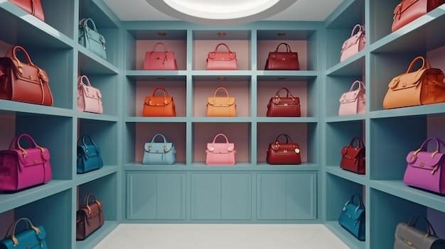 Mujeres ricas de IA generativa y el interior de una tienda de bolsos de alta costura de alta gama con una variedad de bolsos en varios tamaños, estilos y colores.