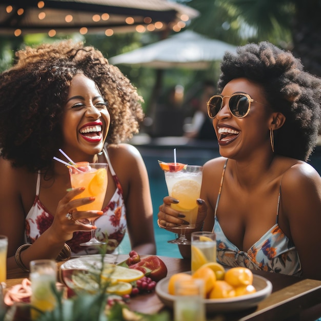 Mujeres riendo y descansando en una piscina con bebidas tropicales