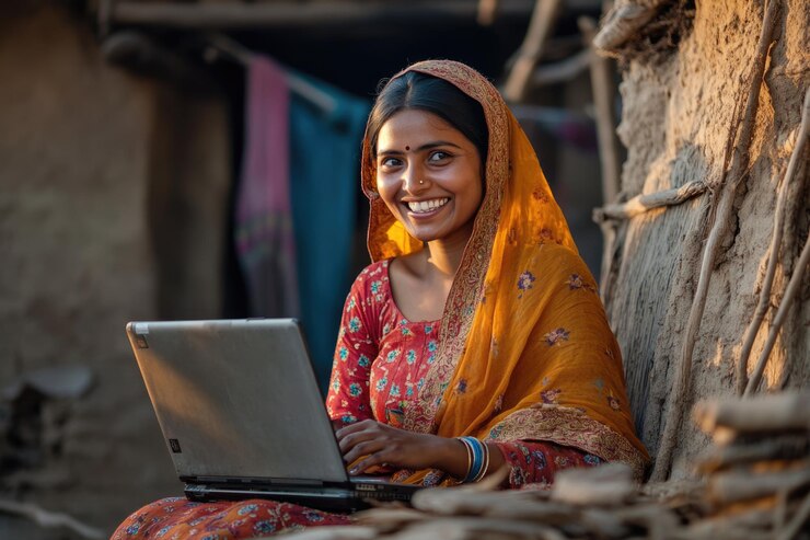 Mujeres rurales indias felices trabajando en computadoras portátiles en el pueblo