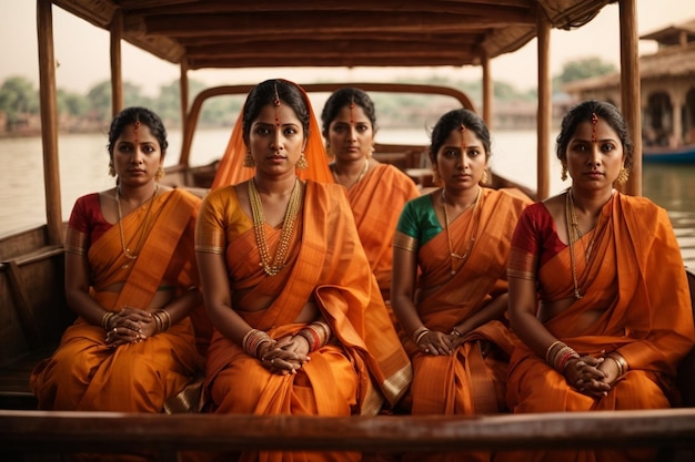 Mujeres con sari naranja tradicional yendo a orar en un barco