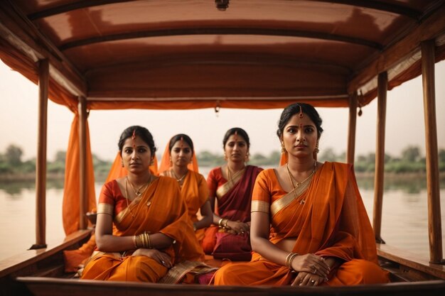 Mujeres con sari naranja tradicional yendo a orar en un barco