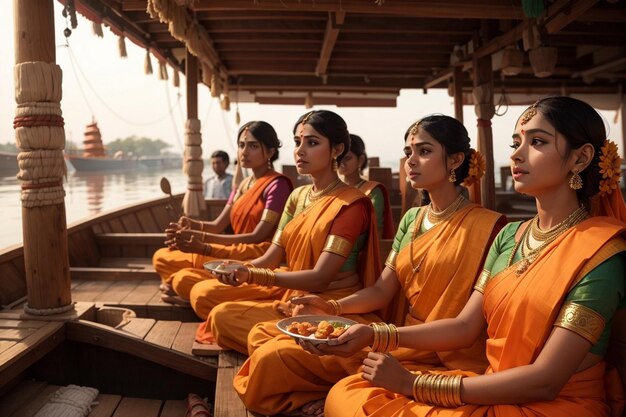 Mujeres con sari naranja tradicional yendo a orar en un barco