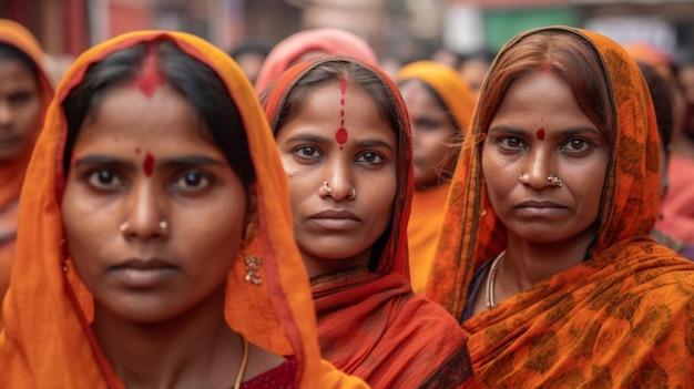 Mujeres con saris naranjas se paran en una calle.