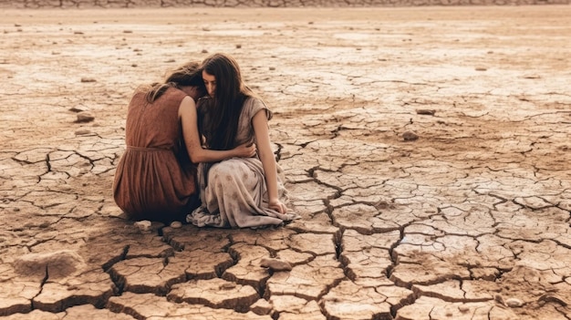 mujeres sentadas abrazando sus rodillas dobladas sobre el suelo seco