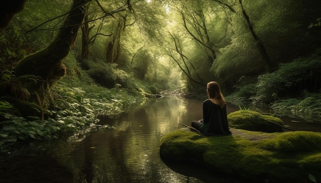 Mujeres sentadas en un bosque tranquilo disfrutando de la naturaleza generada por IA