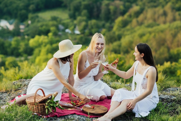 mujeres sentadas en una manta en un picnic charlando bebiendo vino blanco