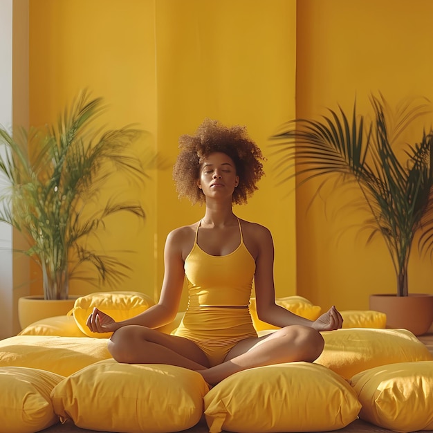 Mujeres sentadas meditando en una sala de yoga amarilla con almohadas