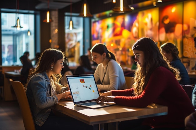 Las mujeres se sientan en una mesa que trabaja con computadoras portátiles en una cafetería decorada con colores brillantes con IA generativa