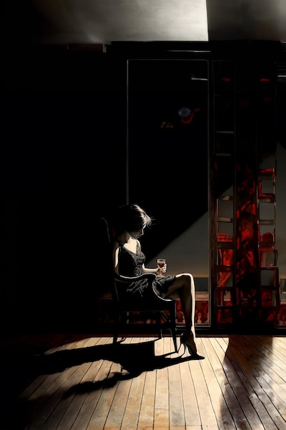Foto mujeres solitarias bebiendo vino en una foto oscura de pintura al óleo