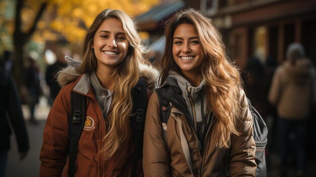 Mujeres sonriendo frente a un edificio con un cartel que dice "