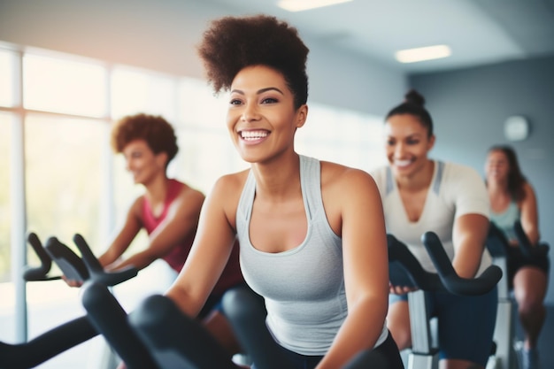 Mujeres sonrientes disfrutando de una clase de spinning juntas