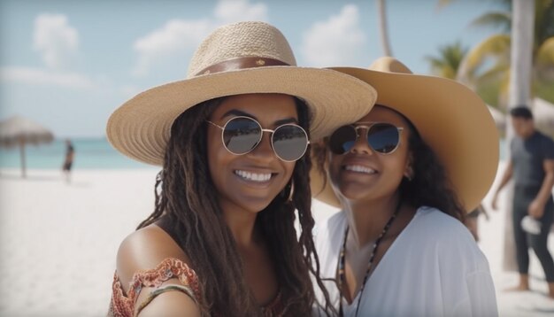 Mujeres sonrientes con gafas de sol disfrutan de vacaciones de verano felicidad y amistad generadas por inteligencia artificial