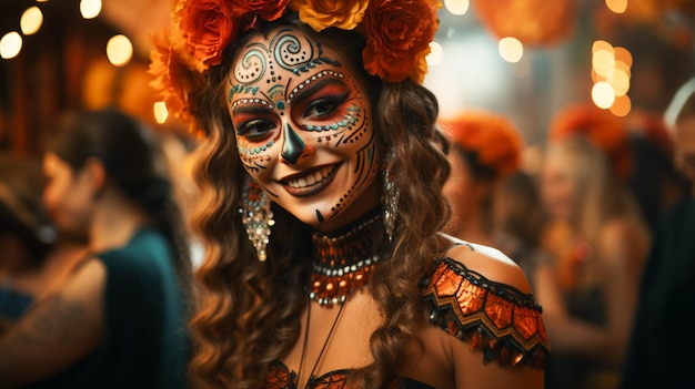 Mujeres sonrientes con ropa tradicional celebran Halloween