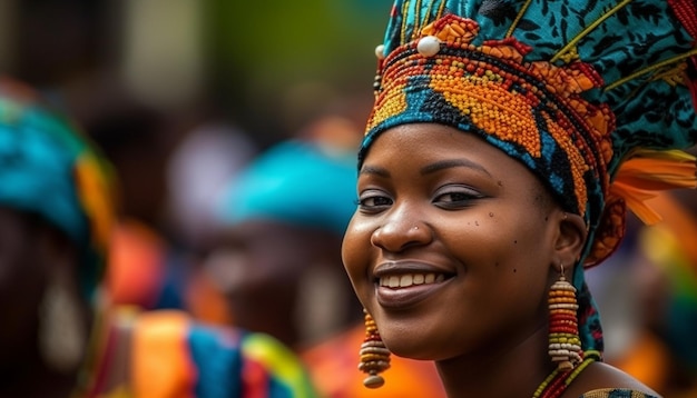 Mujeres sonrientes con ropa tradicional en el desfile del festival generado por IA