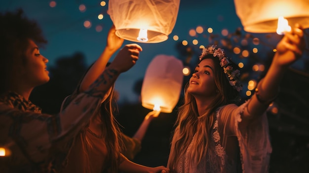 Mujeres sostienen linternas en la ceremonia de iluminación del cielo nocturno Feliz año nuevo