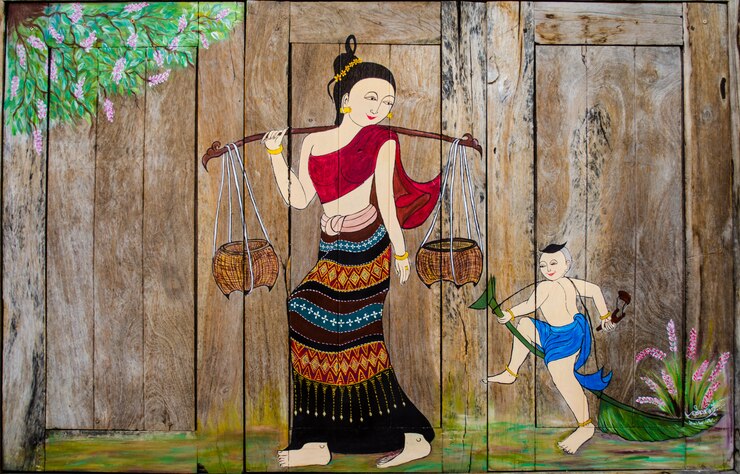 Mujeres tailandesas y pintura infantil en la ventana