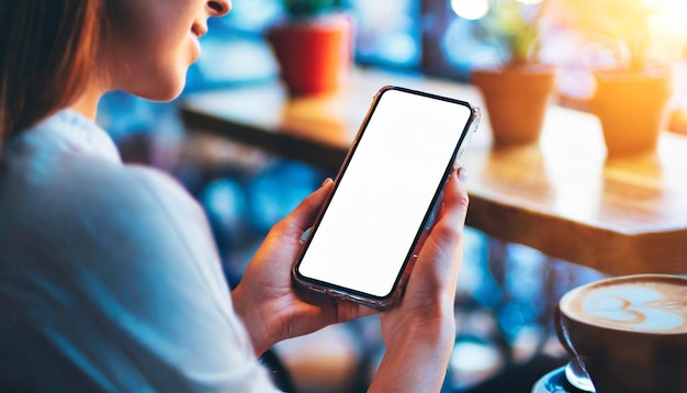 Mujeres con teléfonos móviles en la mano en un café que representan la conectividad moderna y el uso de la tecnología