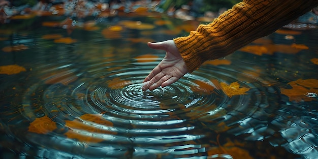 Mujeres tocando con la mano el agua del lago creando ondas que simbolizan la conexión con la naturaleza y la sostenibilidad Concepto Naturaleza Sostenibilidad Agua del lago Con la mano tocando las ondas