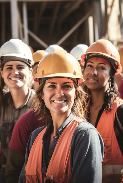 Mujeres trabajadoras de la construcción y arquitectas juntas con cascos USA Labor Day IA generativa