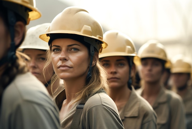 Mujeres trabajadoras de la construcción y arquitectas juntas con cascos USA Labor Day IA generativa