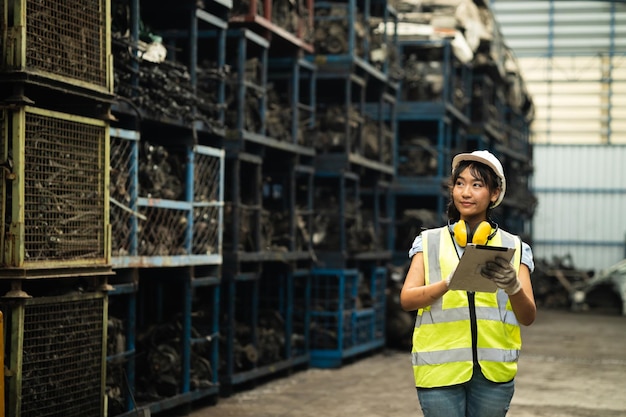 Mujeres trabajadoras felices ingeniero técnico empleado trabajando en un lugar de trabajo sucio gerente de inventario personal en un depósito de chatarra viejas piezas de repuesto de automóviles usados