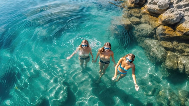 Mujeres en trajes de baño de una sola pieza se embarcan en una inolvidable aventura de buceo sumergirse en las aguas cristalinas y explorar vibrantes arrecifes de coral llenos de colorida vida marina generada por IA