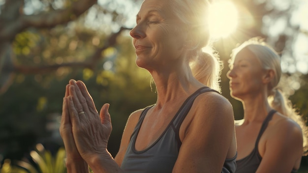 Foto mujeres tranquilas practicando yoga al atardecer encontrando la paz en un entorno al aire libre sereno