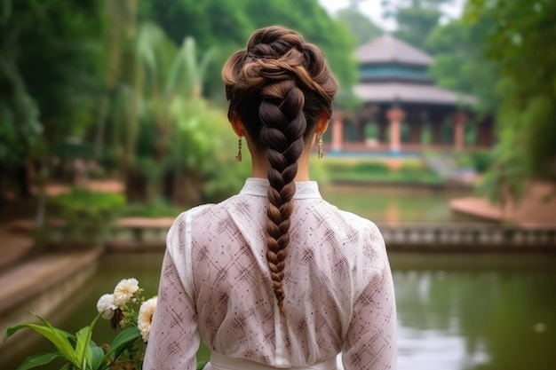 Las mujeres trenzan el cabello miran desde atrás fotografía publicitaria profesional.