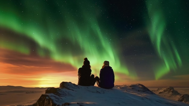 Las mujeres turistas están sentadas sobre una roca mientras se ven las auroras boreales.
