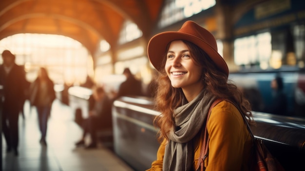 Mujeres turistas felices en la estación de tren Concepto de viaje