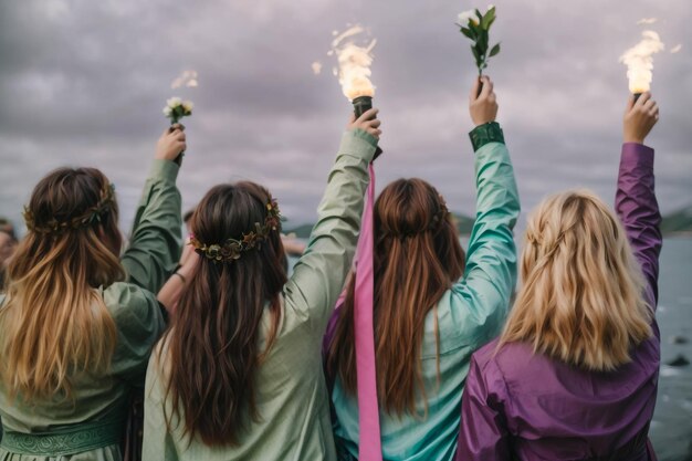 Foto mujeres turistas sentadas en el río rodeadas de ríos y montañas