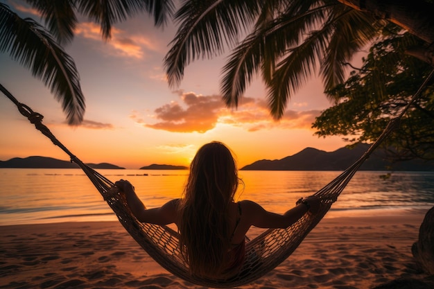 Las mujeres en vacaciones se relajan con una hamaca.