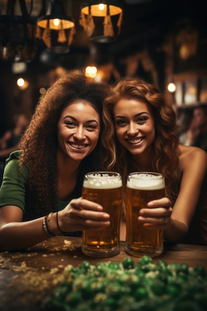 Foto mujeres vestidas de verde con cerveza celebrando el oktoberfest en el fondo del bar ai generado