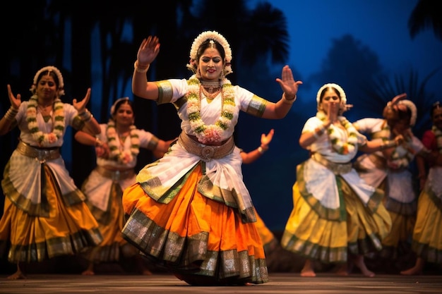 mujeres con vestidos coloridos están bailando en la oscuridad.