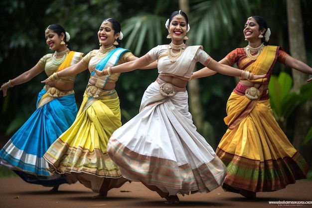 las mujeres con vestimenta tradicional bailan en la jungla.