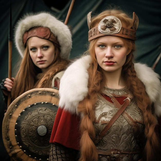Mujeres vikingas con ropa nórdica tradicional con una lanza y un escudo de madera decorado AI generativa
