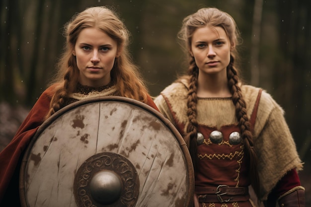 Mujeres vikingas con ropa nórdica tradicional con una lanza y un escudo de madera decorado AI generativa