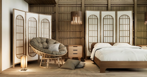 Muji Japan Schlafzimmer-Interieur im minimalistischen Stil japanisches Interieur3D-Rendering