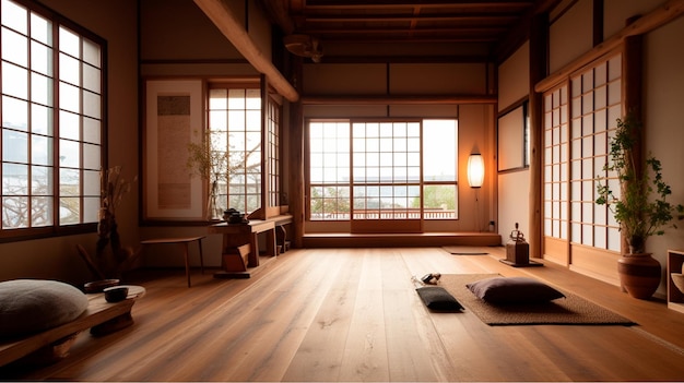 Muji projeta uma sala vazia de madeira e limpeza interior de uma sala japonesa Generative AI