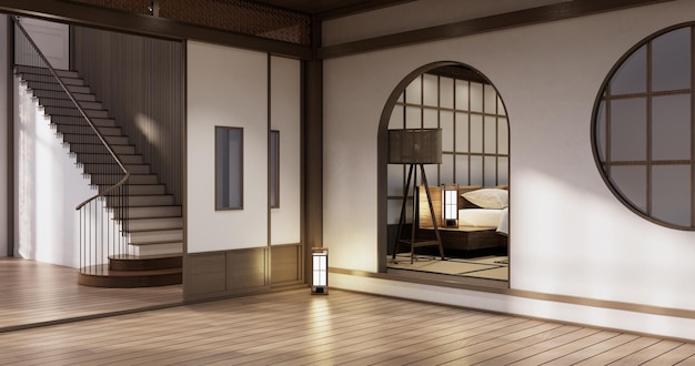 Muji-Stil Leerer Holzraum Reinigung Japandi-Zimmerinterieur